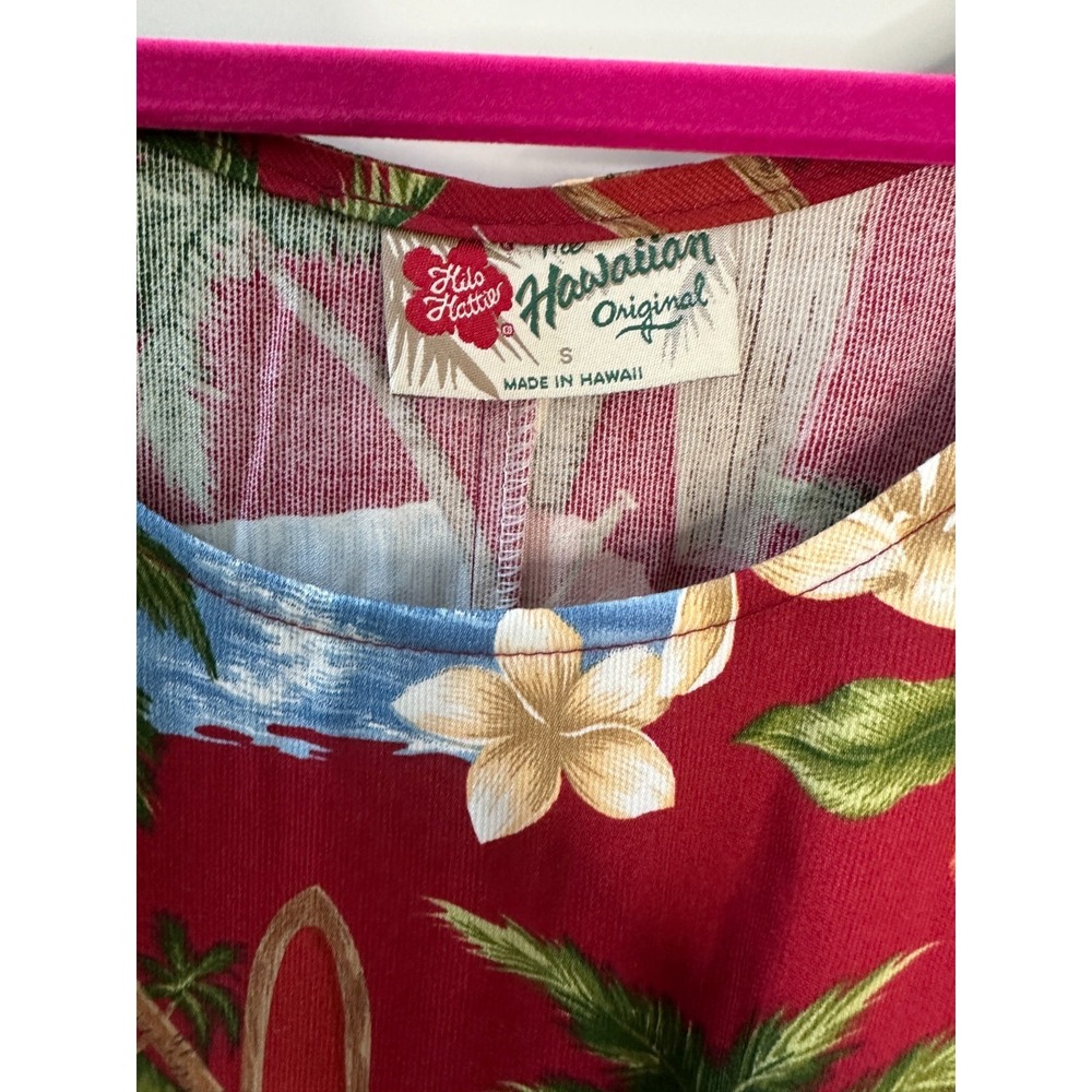 Hilo Hattie Red Tropical Scenic Surfboard Rayon Midi Dress Small Hawaiian Floral - Picture 8 of 14